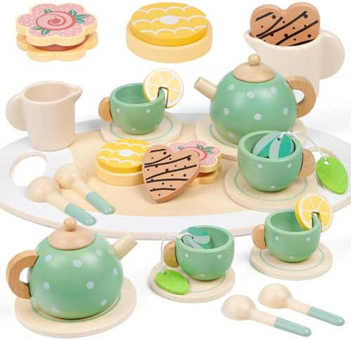 Service à Thé en Bois pour Enfants, Services à Thé en Bois Bébé, Jouet Éducatif Éveil Montessori, Accessoire Cuisine Enfant pour Enfants Filles 3 4 5 6 7 Ans