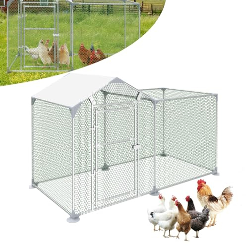 ORHEYA Freilaufgehege Hühnerstall aus Metall Hühnerhaus mit Sonnenschutzdach Schloss, Freigehege Voliere Hühner Geflügelstall Kleintiergehege (2 x 1 x 1,4 m)