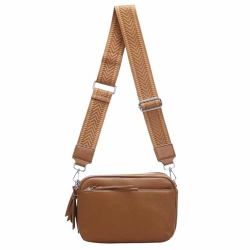Damen Tasche Cross Over Body Bag Brusttasche Umhängetasche Schultertasche Brieftasche Smartphone Geldtasche Abend Handy Clutch Cognac 3xFach