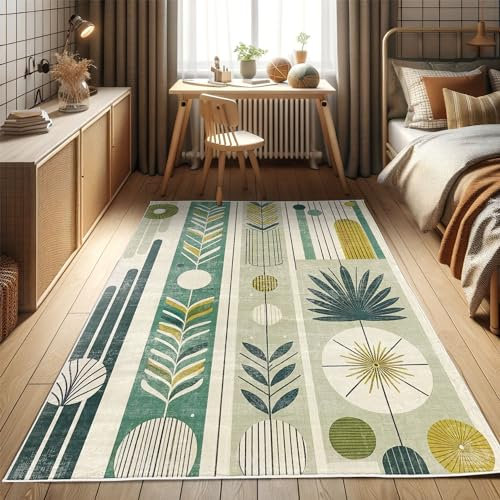 ABAKUHAUS Mid Century Modern Dekorativer Teppich, Naturton Blatt, Hochwertiger Flächenteppich für Schlafzimmer und Wohnzimmer, 157x229 cm, Kalb Teal