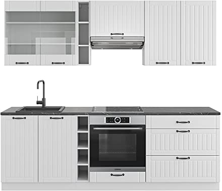Vicco Küchenzeile Fame-Line, Weiß Landhaus/Weiß, 235 cm, AP Marmor