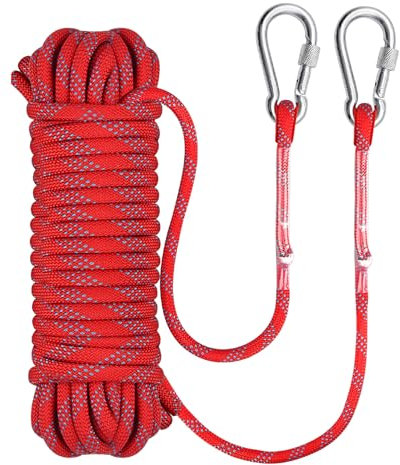 Cuerda de 10 mm con mosquetón, cuerda de escalada para exteriores, con 2 ganchos, cuerda de seguridad de nailon para montañismo, pesca, camping, columpio (rojo)