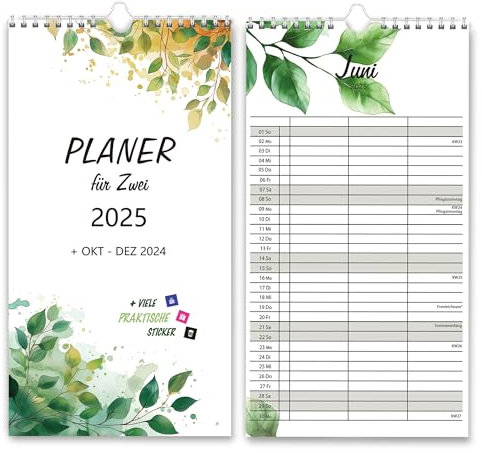 Planer für Zwei 2025 Paarplaner mit 3 Spalten, Wandkalender für 15 Monate: Okt 24 bis Dez 25, Familienkalender, Paarkalender, Wandplaner 23 x 43 cm