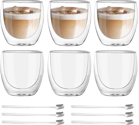 6er Set Tazzine Caffe Vetro, Bicchieri Espresso Doppia Parete, Vetri Termici a Doppia Parete 80ml, Tazze da Caffè Isolamento per Vetro Borosilicato con Cucchiaino, Tazze da Espresso a Doppia Parete