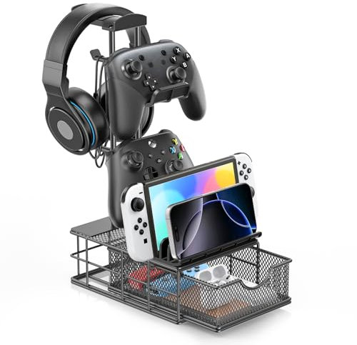 KDD Soporte Gaming con Cajón, Soporte Auriculares Mesa para Escritorio, Soporte Cascos con Barra de Soporte de Aluminio y Organizador de Cables - Soporte Auriculares de Accesorios de PC para Juegos