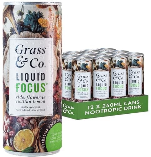 Grass & Co. Nootropics Drinks with Lion's Mane (1000mg), Omega-3, Ginseng, Vitamin B12 & More | Liquid Focus | Elderflower & Sicilian Lemon | Lightly Sparkling | Vegan | 12 x 250ml Cans
