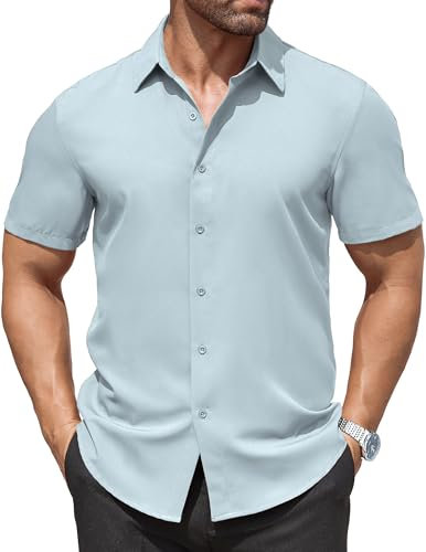 COOFANDY Mens Shirts Short Sleeve Dress Shirt Wrinkle Free Formal Casual Shirt Regular Fit Business Work Shirts Light Blue XXL