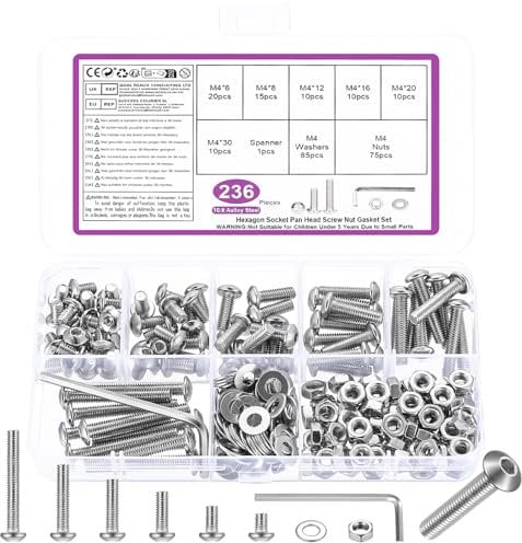 236 Pz Set di Viti M4, Bulloni e Dadi Set, Viti a Testa Cilindrica con Esagono Incassato, Kit di Assortimento di Bulloni a Testa Tonda Esagonale e Dadi e Rondelle (M4)