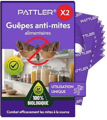 PATTLER® Vespe Antitarme Alimentari - Anti Farfalline del Cibo per Un Controllo Efficace delle Tarme Alimentari. Alternativa a Trappole, Spray e Trappole a Feromoni - 2 BioCard con 1 Consegna