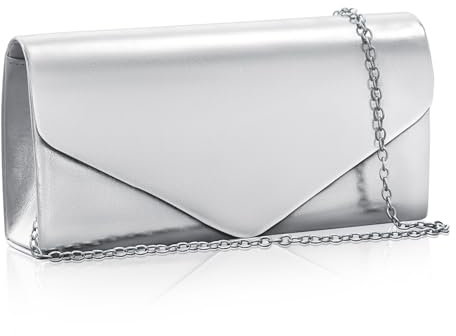 Toptime Clutch Silber, Metallic Glitzer Abendtasche Damen mit Abnehmbare Metallkette, Elegante Envelope Handtasche Silber Klein, Leder Crossbody Umhängetasche Damen für Hochzeit, Abschlussball, Party