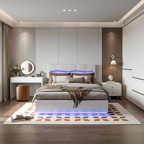 MOTUZP Polsterbett Doppelbett 140x200cm Jugendbett Gepolstertes Bett Stoffbett Stauraumbett mit Hydraulisch Boxspringbett mit LED Beleuchtun, Lattenrost (140x200CM, Beige)