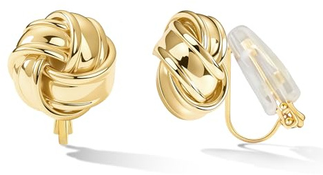 FAN&LOUIS 2 Pairs Clip On Earrings Women, Gold and Sliver Clip-On Stud Earrings Love Knot Floral Stud Lightweight Non Pierced Earrings for Women Gifts