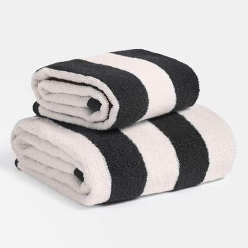 OHS 4 Piece Bath Towels Set, Soft 100% Cotton High Absorbent Jacquard Black/White Striped Large Bath Towels Luxury Spa Quality For Bathroom Daily Use, Monochrome-70x115cm