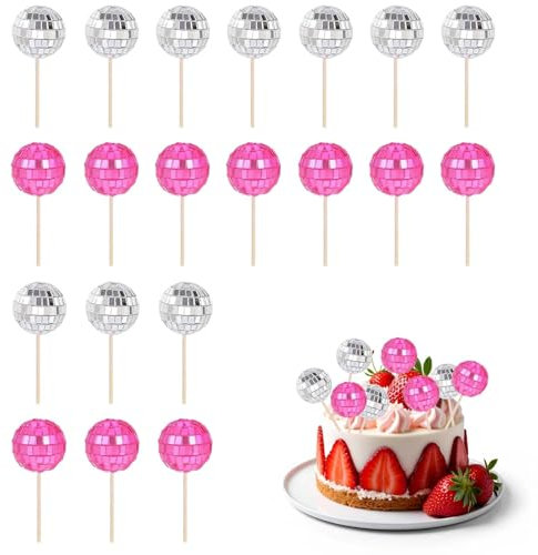 70s Disco Theme Cake Decoration, Mini Shiny Disco Balls Mix Bag, 10 Silver & 10 Pink, Cupcake Toppers Ornament with Stick, for Disco Theme Party Birthday Supplies (Silver+Pink, 20 Pcs)