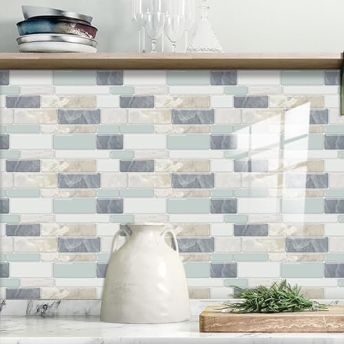 Fliesenaufkleber 12x24 cm Beige Grüner Marmor Mosaikfliesen Bad Küche Wasserdicht Küchenrückwand Selbstklebend Möbeldekoration Fliesenfolie für Schrank Tisch Klebefliesen (20 Stück)
