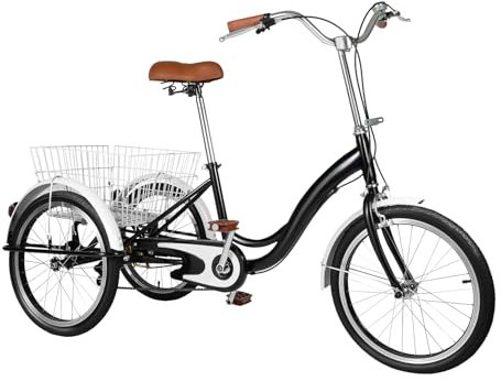 SHIOUCY Erwachsene Dreirad 20 Zoll 3 Räder Fahrrad mit Einkaufskorb für Erholung Einkaufen Picknicks Reisen für Erwachsene Einer Körpergröße von 1,55 bis 1,7 m Schwarz Dreirad