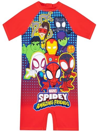 Marvel Boys Swimming Costume, Spiderman Swimming Costume, Spidey and Friends Boys Swimsuit, Kids Swimwear, Red 5-6 Years