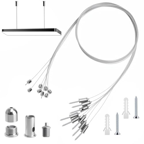 APOMOONS 8 Stück 1,5m x 1,5mm Seilaufhängung Einbauset Lampenaufhängung Metall Decke Ohrstecker Drahtseil Drahtseilhalter Drahtseil Spanner Deckenbefestiger für Befestigungs Deckenleuchte LED Panel