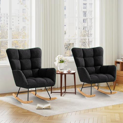 Ckaff Lot de 2 Fauteuil à Bascule, Rocking Chair, Fauteuil Allaitement, Chaise à Bascule Scandinave en Matériau Sherpa avec Pieds en Bois pour Chambre d'enfant Salon Balcon, Noir