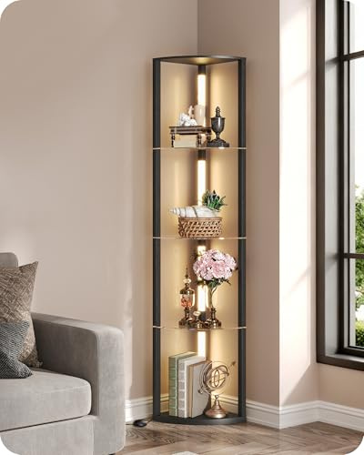 GOEBLESON Floor Lamp with Shelves, 4 Tier Wooden Standing Lamp, 360° Rotatable Pole, 3 CCT & Dimmable Corner Floor Lamps for Bedroom, Living Room, Study, Office, Black ZG54LDK05