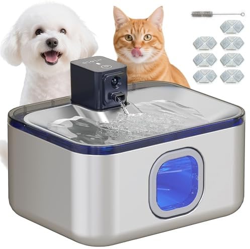 PawHut Fuente para Gatos sin Cable de Acero Inoxidable 5L Bebedero Gatos Automático Fuente de Agua para Múltiples Mascotas con Luz LED Bomba Súper Silenciosa Sensor de Movimiento y Filtro de 3 Etapas