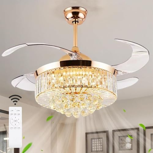 Bammare 42 Kristall-Deckenventilator, Moderner Unsichtbarer LED-Deckenventilator mit Licht und Fernbedienung, Goldener Kronleuchter-Ventilator mit Umkehrbaren Flügeln für Das Wohnzimmer