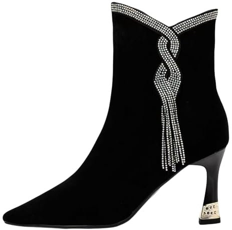 Stivali da donna con tacco elegante, con tacco alto, con punta a punta, alla moda, con strass, con chiusura lampo laterale, stivaletti con frange, stivali da donna, Nero , 40 EU