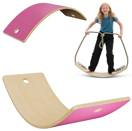 Suusolny Kinder Balance Board aus Holz Balancierbrett Anti-Rutsch mit EVA matte Wackelbrett inkl. Hanfseil Rutschbrett & Wippe Spielzeug Wobbel Board für Indoor Turnen & Fitness - Rosa