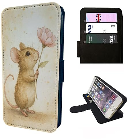 Cute Vintage Mouse Wallet Phone Case Flip Cover Compatible with iPhone SE 7 8 X XR 11 12 13 14 15 16 16E Plus Mini Pro Max – Faux Leather Flower, Mice Animal Lover Gift, Adorable Case