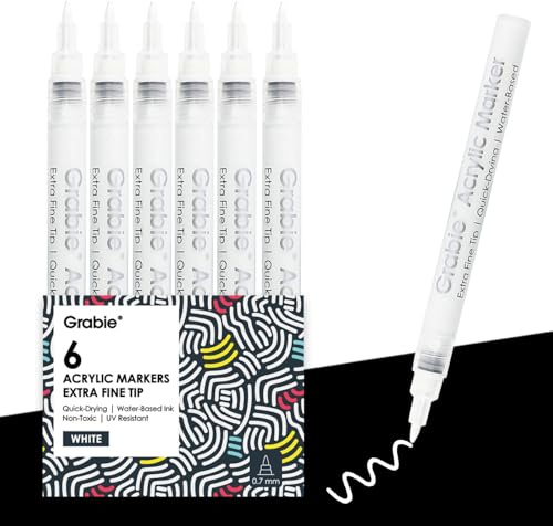 Grabie 6 Weiße Acrylstifte, 0,7 mm Extra Feine Strichstärke | 6er Set Weiße Acrylmarker: Strahlend weiße Deckkraft, ultrafein, schnelltrocknend, perfekt für präzise Highlights