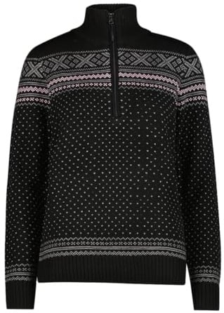 CMP Knitted Damen Pullover Half Zip mit Wolle Nero Gr. 38 atmungsaktiver Wooltech Midlayer mit Kragen & sportlicher Passform für Alltag & Outdoor.