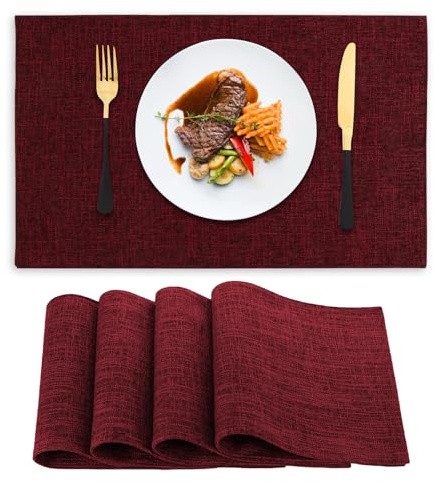 NicMool Tischsets Abwaschbar 4er Set, Abwischbar Leinen Platzsets, Abgrifffeste rutschfest Hitzebeständig, Maschinenwaschbar Doppelseitigen Stoff Platzdeckchen für küche Speisetisch Hotel (Rot)