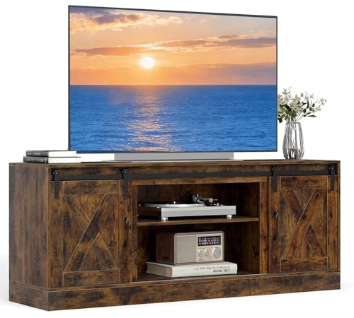 GYMAX 150 cm TV Schrank für Fernseher bis 70 Zoll, Fernsehschrank mit verstellbaren Regalen & Scheunenschiebetüren, TV Lowboard für Wohnzimmer, 150 x 39 x 60 cm