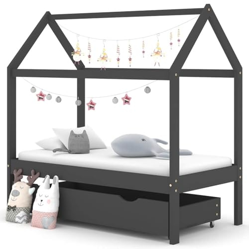 IBUQDDV Massivholz-Kinderbett mit Schublade im Baumhaus-Stil, Dunkelgrau, Kiefer, 70x140 cm, Robustes Bettgestell mit Stauraum und Rollen für einfache Handhabung, praktische