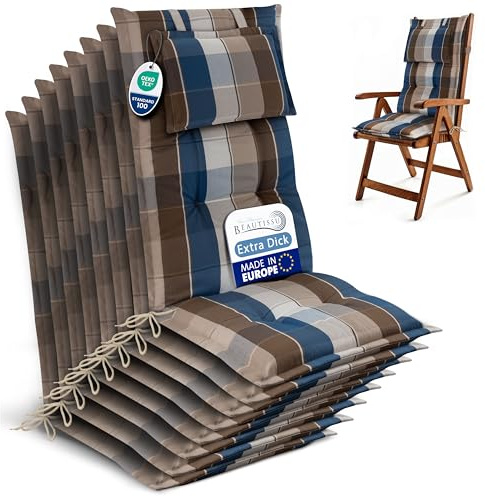Beautissu 8er Set Gartenstuhlauflagen Hochlehner UV-Lichtecht Gartenmöbel | 120x50cm 7cm Polster Braun Blau Kariert Sitzauflagen Sitzpolster Gartenstuhl Auflagen Stuhlauflage Polsterauflage HighLux HL