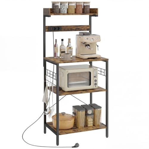 HOMCOM Estantería de Cocina Ganchos 60x42x137 cm Marrón Rústico y Negro | 2 Tomacorrientes, Estantería de Panadería Industrial con Estación de Café, Estante para Microondas, Estante Ajustable