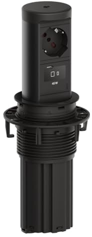 Bachmann ELEVATOR 2 Steckdoseneinheit Schwarz – Versenkbare Tischsteckdose mit Typ L (italienisch), USB-C 45W & Qi Wireless Charger 15W, Installationsanschluss, 0,5 m Kabel