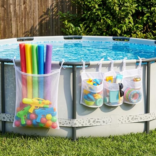 2-Pack Poolside Mesh Storage Bags: 3D Structured Poolside Storage Basket and Jumbo Pool Toy Storage Net - Tool-Free Hanging Pool Organizer Bags for Toys, Noodles, Floats, Ground Pool Accessories