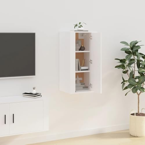 GeenYuu Meuble TV Mural Blanc en Bois d'ingénierie 40x34,5x80 cm avec Rangement 3 Compartiments Porte réversible Design Moderne pour Salon séjour multimédia