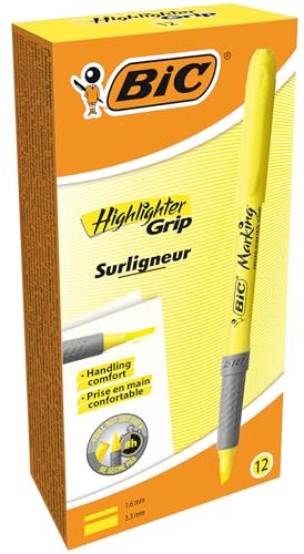 BIC Highlighter Grip, Textmarker in Gelb, mit abgeschrägter Spitze, mit Austrocknungsschutz, 12er Pack