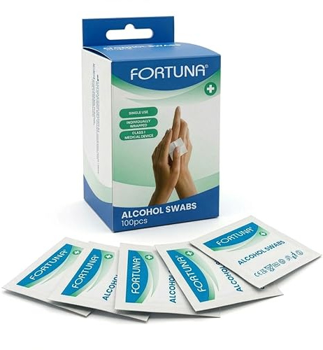 Fortuna Alcohol Swabs – 70% Isopropyl Alcohol Antiseptic Wipes | Sterile Individually Wrapped Pads for Skin Cleansing, First Aid, Wound Care & Pre-Injection Use (50pcs or 100pcs) (1 Pack of 100 Wipes)