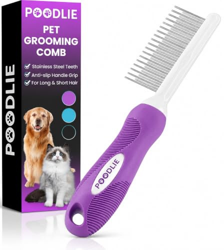 Poodle Pet Detangling Pet Comb with Long & Short Stainless Steel Teeth for Removing Matted Fur, Knots & Tangles – Detangler Tool Accessories for Safe & Gentle DIY Dog & Cat Grooming