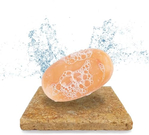 Moderne Travertin Seifenschale echter Naturstein mit Antirutschfüßen - auch als Glas-Untersetzer oder für Deko, Pflanzen, Raclette - Rost 10x 10 cm