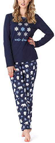 Merry Style Damen Lang Zweiteiliger Schlafanzug aus Baumwolle Pyjama Set Winter MS10-169 (Dunkelblau Bär, XL)