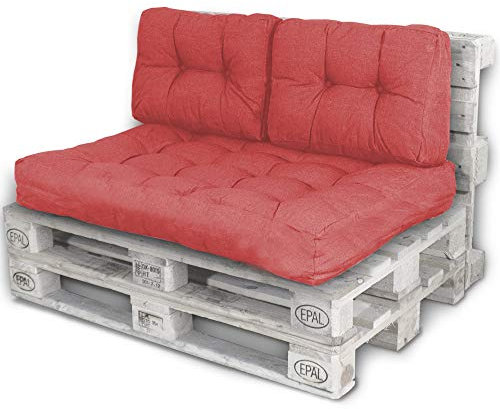 Bobo LACESTONE Palettenkissen Palettenauflagen Sitzkissen Rückenlehne Kissen Palette Polster Sofa Couch (Set Sitzfläche + 2X Seitenteil, Rot)