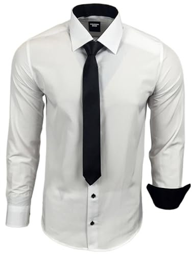 Subliminal Mode - Chemise Homme Manches Longues Col Bicolore Uni + Cravate Noir Chemise Coupe Ajusté Business Repassage Facile RN77 Blanc L