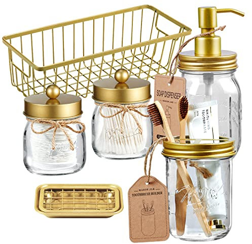 Phantom Cables WI1-8S Mason Jar Bathroom Accessories Set (6PCS), Bathroom Decor - Lotion Soap Dispenser, Toothbrush Holder, 2 Apothecary Jars(Qtip Holder)