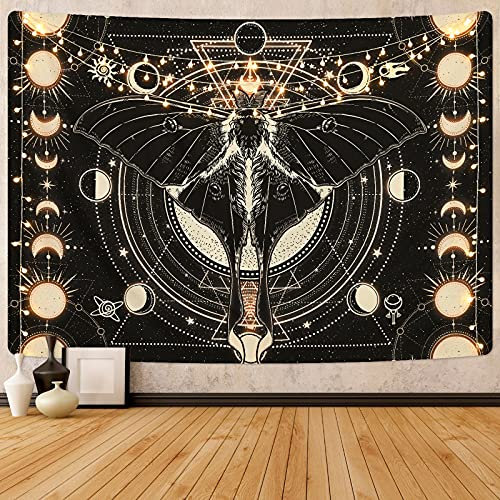 Boniboni Mondphasen Wandteppich Vintage Psychedelischer Schmetterling Wandteppich Schwarz Wandtuch Ästhetische Wandbehang Wandbehang für Schlafzimmer (130x150cm)
