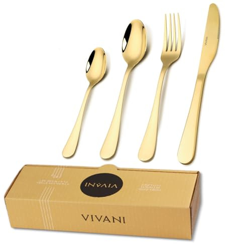 VIVANI Gold Silverware Set for 4, 16-Piece Stainless Steel Flatware Set, Knife Spoons and Forks Set for Home, Restaurant, Dorm, Dishwasher Safe