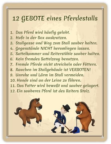12 Gebote eines Pferdestalls Metallschild XL in 21x28 cm Regeln für Reithallen und Reitvereine einfach und optisch ansprechend dargestellt Jugendreitstunde Ponyreiten 12 Gebote